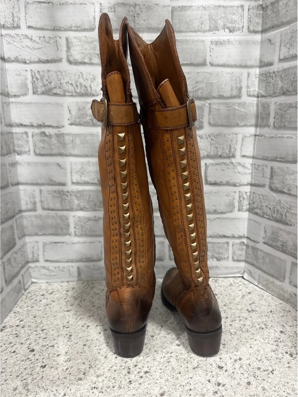 Vince Camuto Two Tone Brown Leather Knee-High Boots with Studded Back Detail